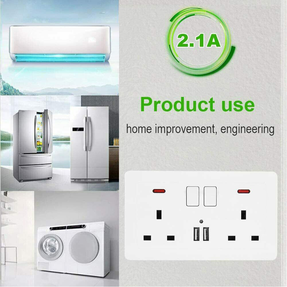 Double Wall Plug Socket 2 Gang 13A W 2 Charger USB Outlets Flat Plate UK
