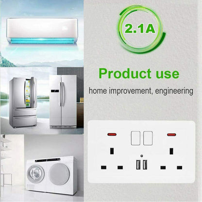 Double Wall Plug Socket 2 Gang 13A W 2 Charger USB Outlets Flat Plate UK