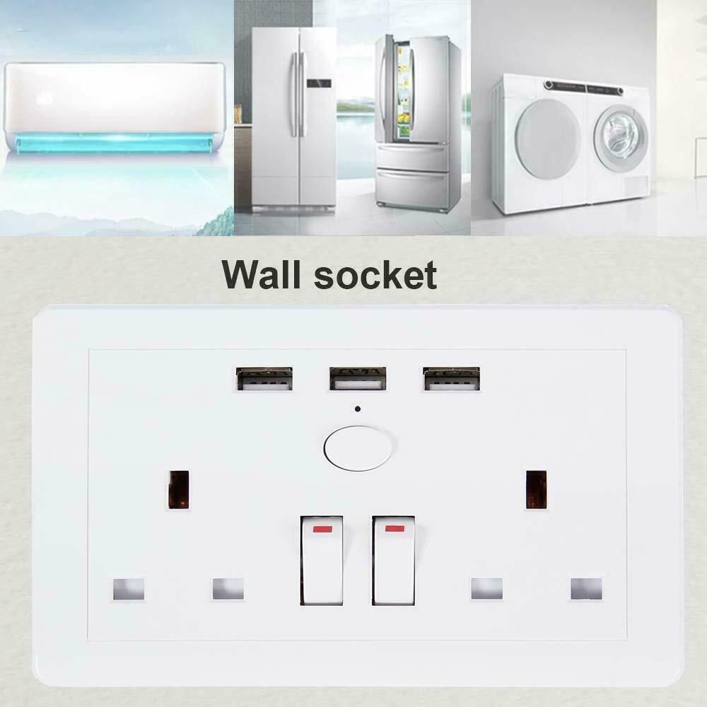 Double Wall Plug Socket 2 Gang 13A W 2 Charger USB Outlets Flat Plate UK
