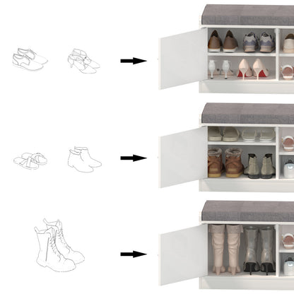 Shoe Storage Bench with 2 Door Cabinet, Entryway Bench with Shoe Storage, Shoe Bench with Cushion, Adjustable Shelves, Shoe Rack Bench for Entrance, Hallway, Bedroom, White+Gray