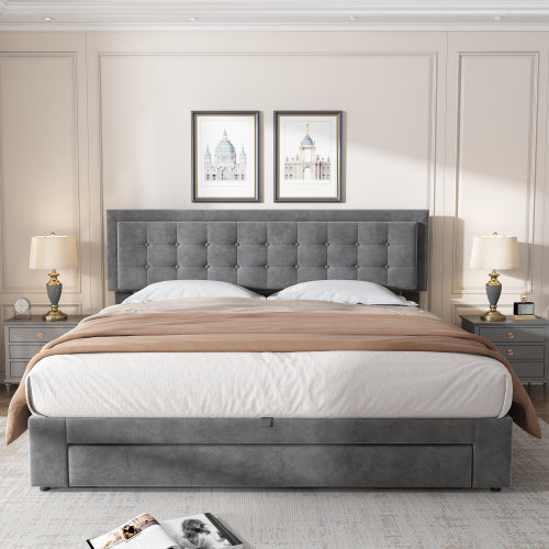Upholstered Bed, Super King Size Bed-6ft180x200cm, Velvet Fabric, Double Bed, Large Storage Space, With Slats and Headboard, Without Mattress, Rey