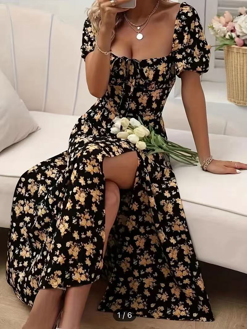 Floral Print Short Sleeve Split Dress For Summer