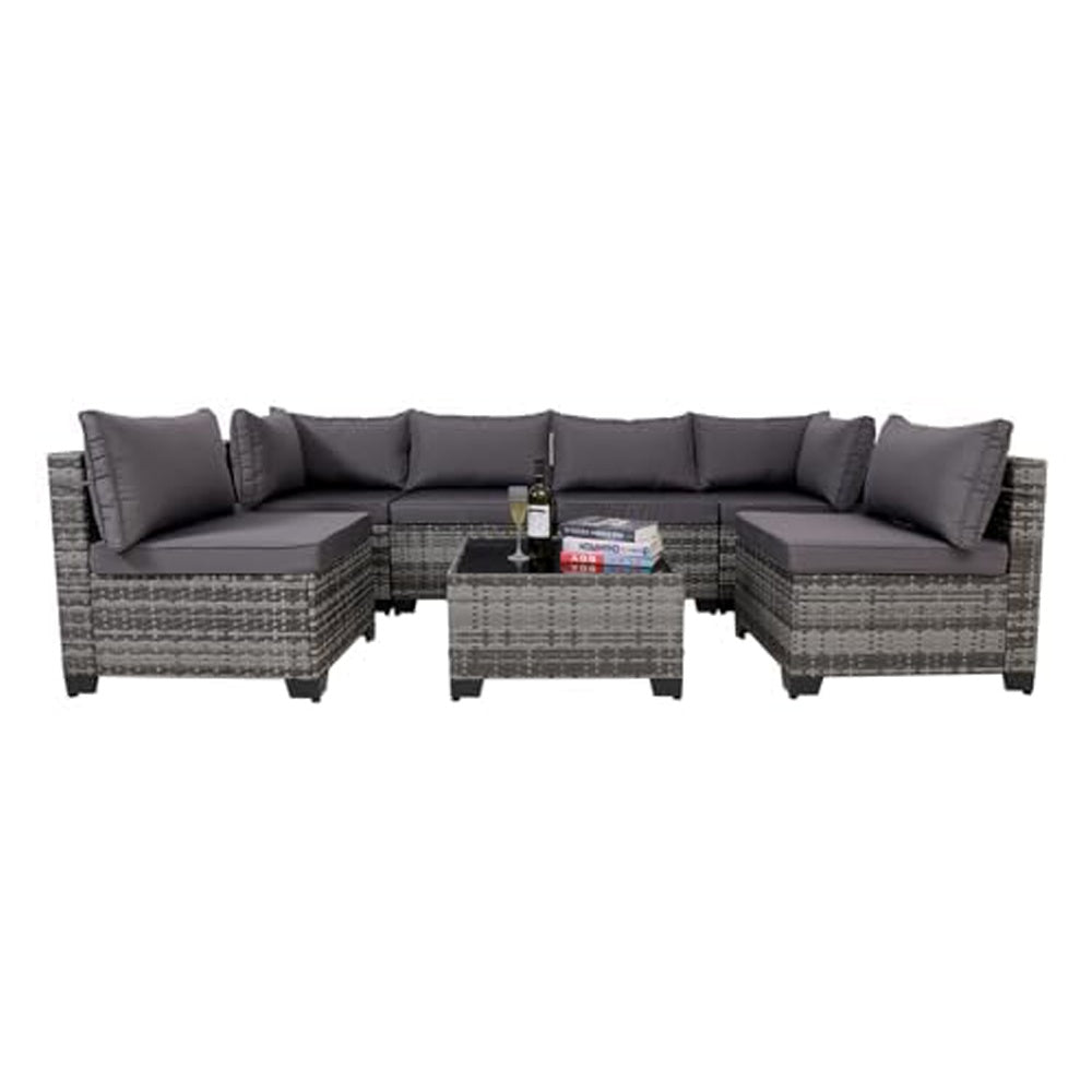 7 Pieces Outdoor Rattan Patio Sectional Set, Black Wicker Furniture Conversation Sets with Washable Cushions & Glass Coffee Table for Garden, Poolside, Backyard