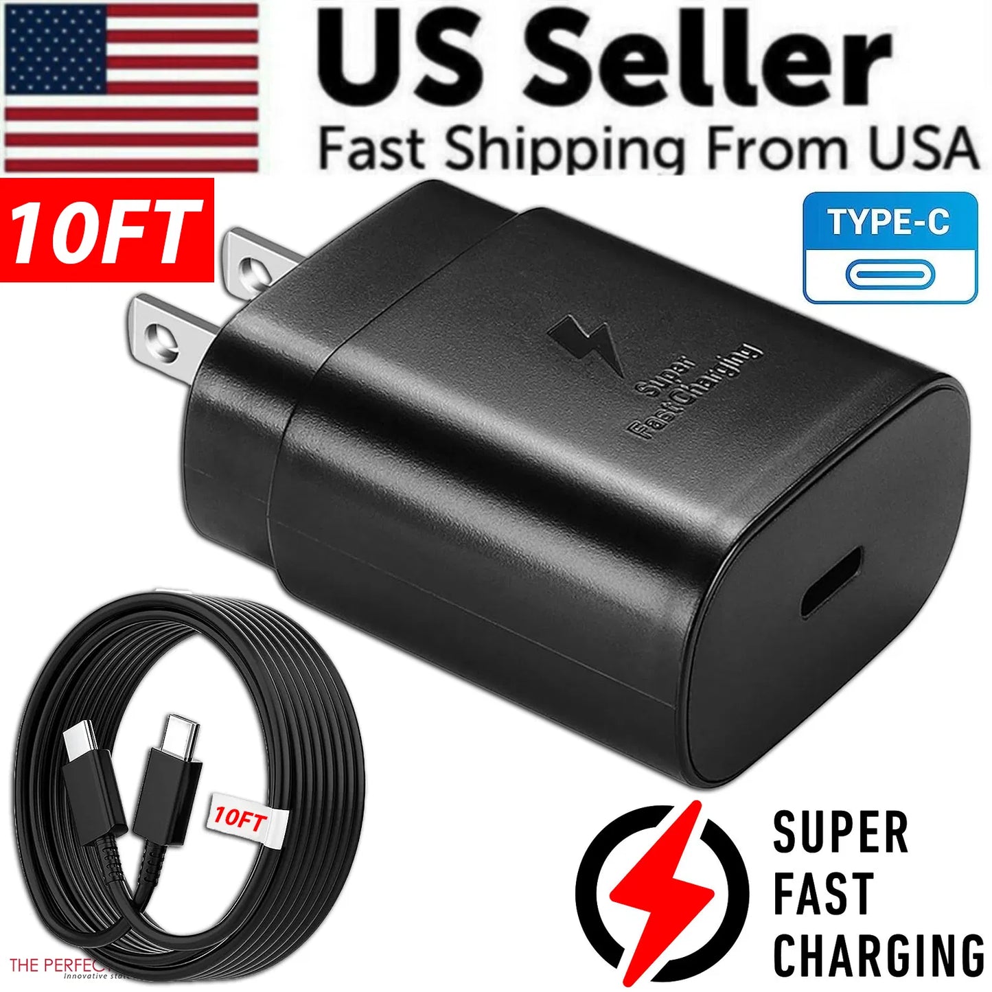 25w Super-Fast Charger Type USB-C 10FT Cable for Galaxy S23 S22 S21 S20