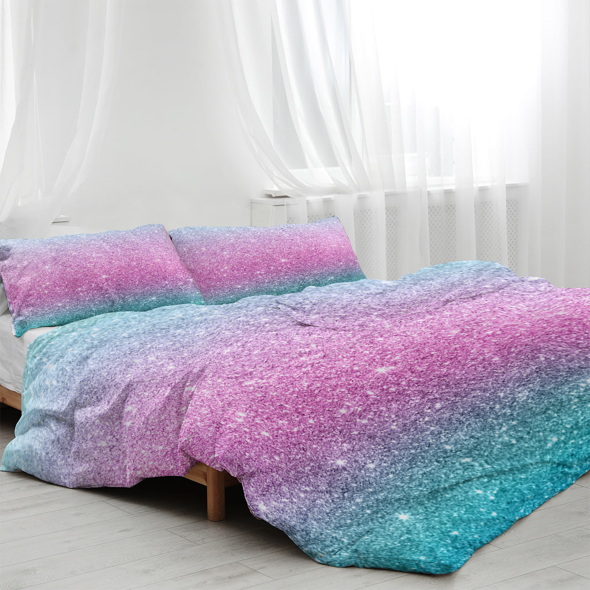 Girly Duvet Cover Rainbow Glitter Ombre Bedding Sets 3 Pcs Chic Purple Blue Green Pastel Bedspreads Sparkle Quilt Cover Set With 2 Pillow Shams