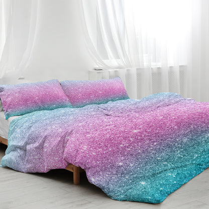 Girly Duvet Cover Rainbow Glitter Ombre Bedding Sets 3 Pcs Chic Purple Blue Green Pastel Bedspreads Sparkle Quilt Cover Set With 2 Pillow Shams