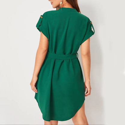 V-neck Short Sleeve Dress with Belt Summer Fashion Bowknot Dresses for Women Clothing