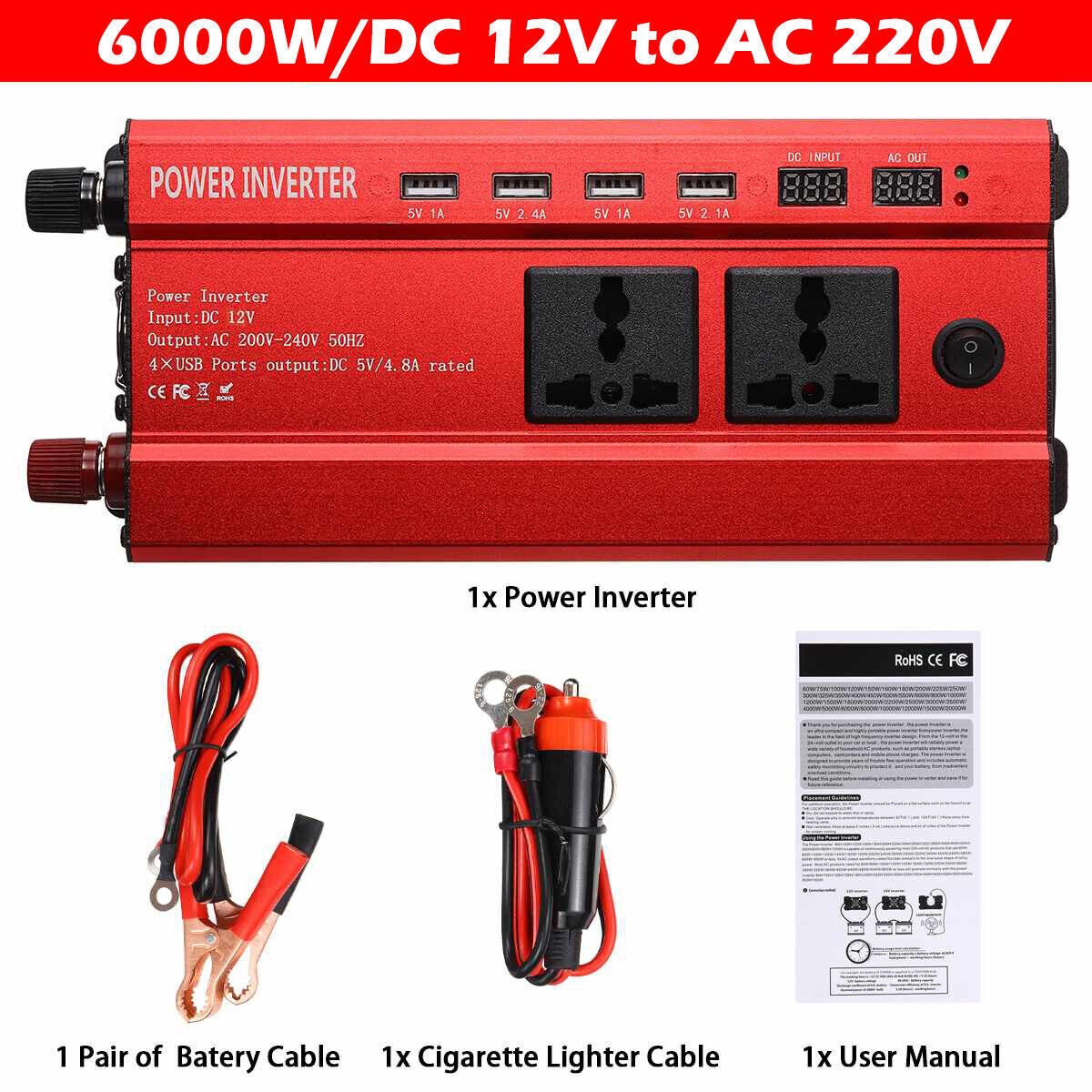6000W Car Power Inverter Converter DC 12V To AC 240V 4 USB 2 UK Socket Sine Wave