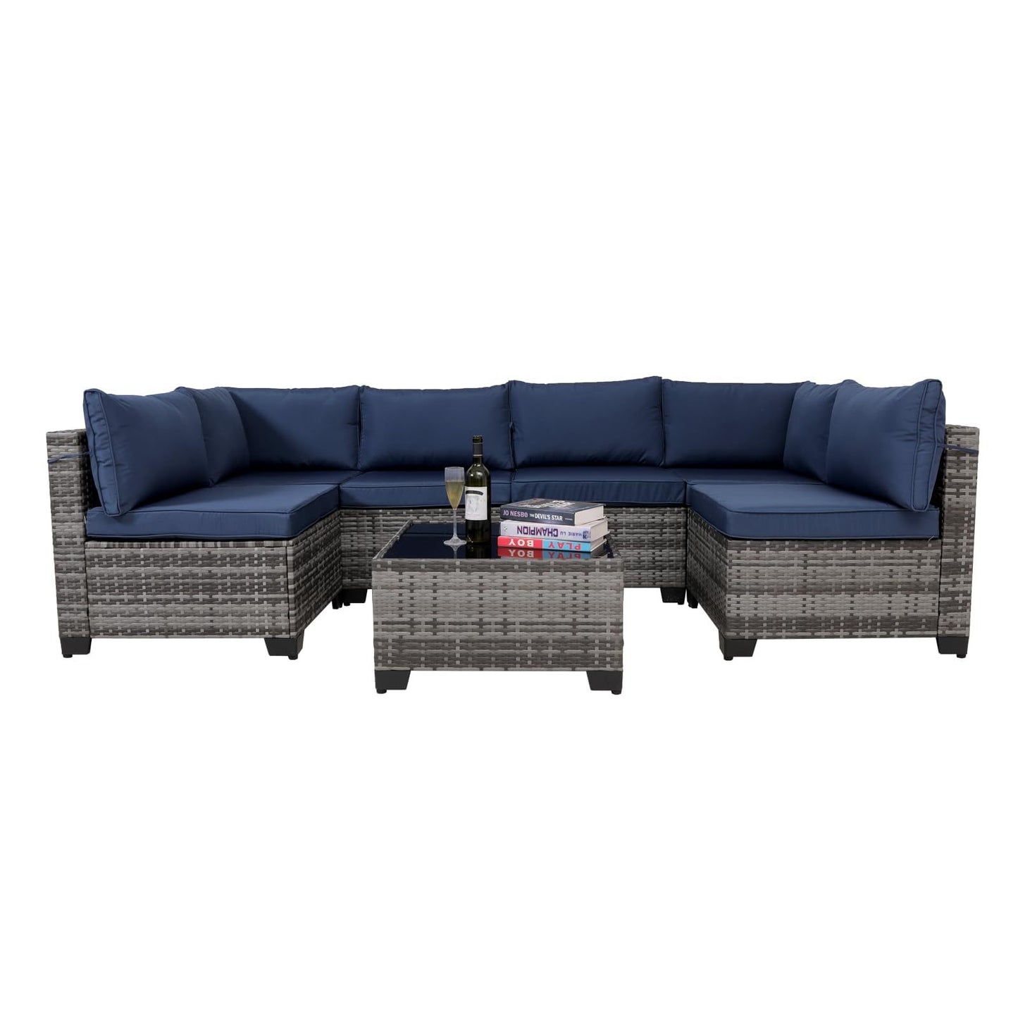 7 Pieces Outdoor Rattan Patio Sectional Set, Black Wicker Furniture Conversation Sets with Washable Cushions & Glass Coffee Table for Garden, Poolside, Backyard