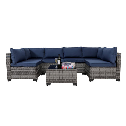 7 Pieces Outdoor Rattan Patio Sectional Set, Black Wicker Furniture Conversation Sets with Washable Cushions & Glass Coffee Table for Garden, Poolside, Backyard