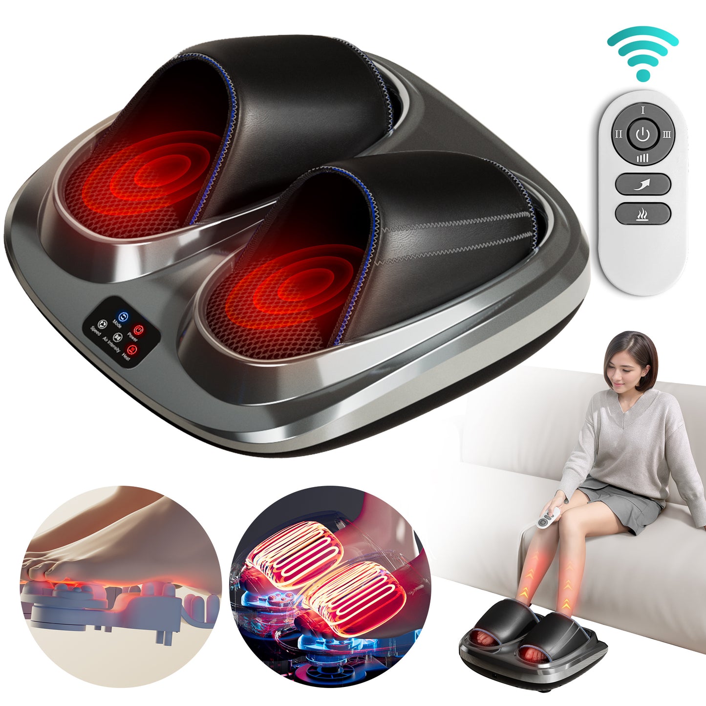 Hot Foot Massager Air Compression Foot Massager Deep Kneading Roll Precise Massage and Heating Function