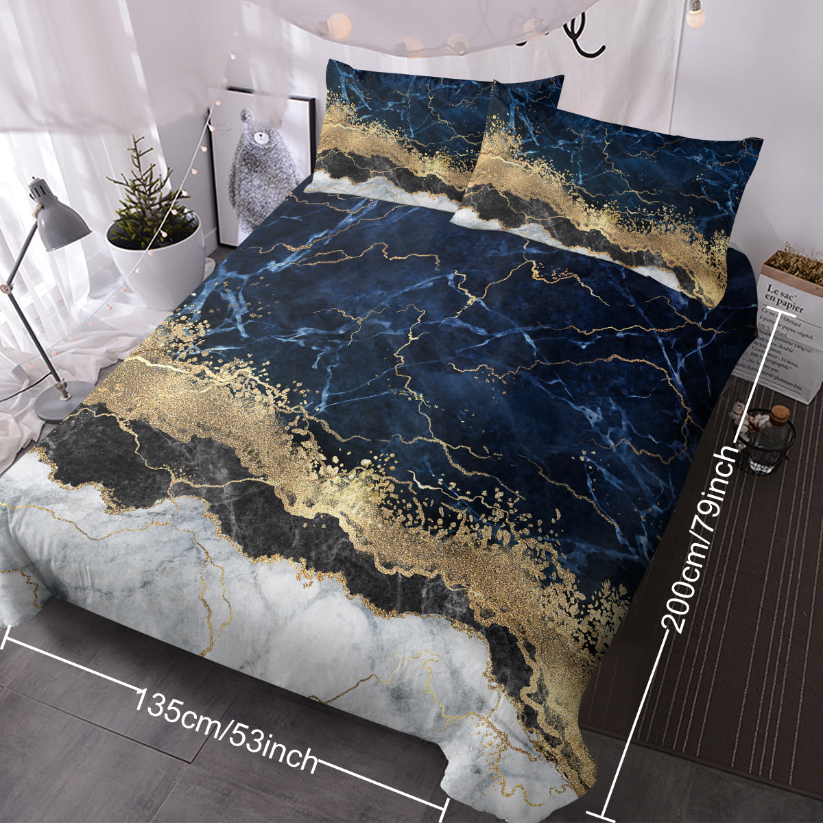 Navy Blue Duvet Cover Set Trendy Printed Design Bed Quilt Cover Set King 1 Duvet Cover 2 Pillowcases