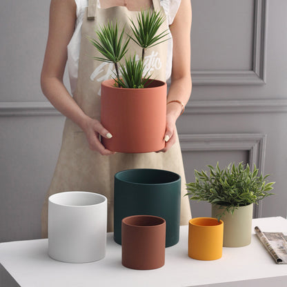 Nordic Industrial Style Colorful Ceramic Flowerpot Succulent Planter Green Plants Cylindrical Shape Flowerpot with Hole Tray